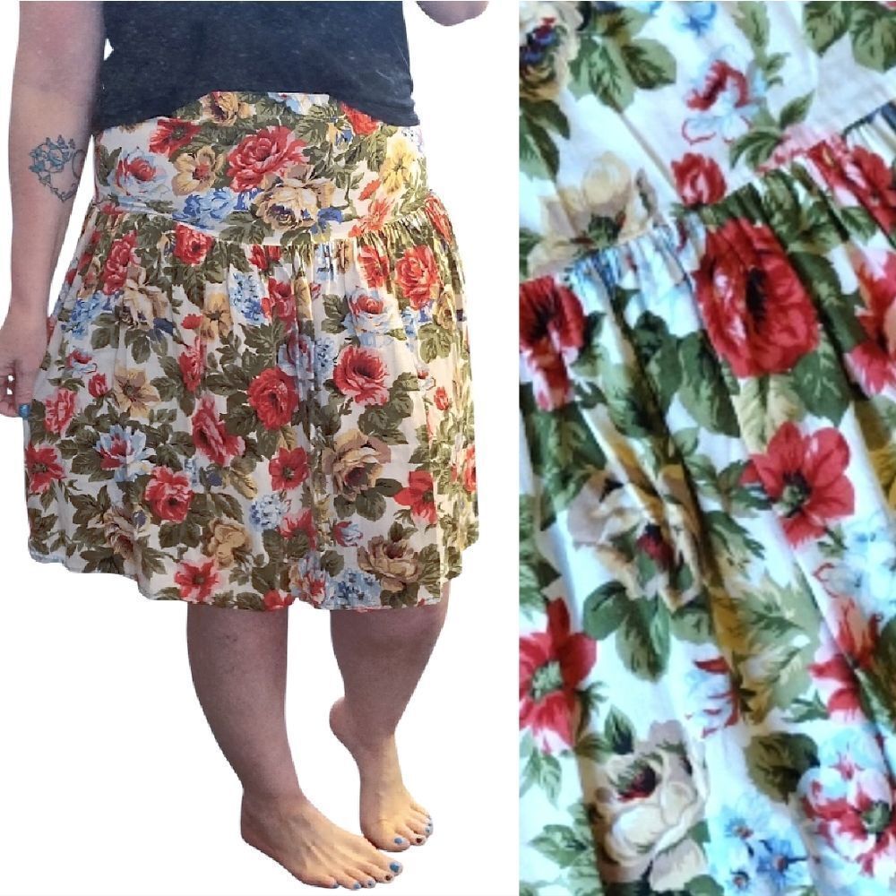 VTG 90s Colorful Floral High Waist Pull On Pleated Midi Skirt *fits like Med